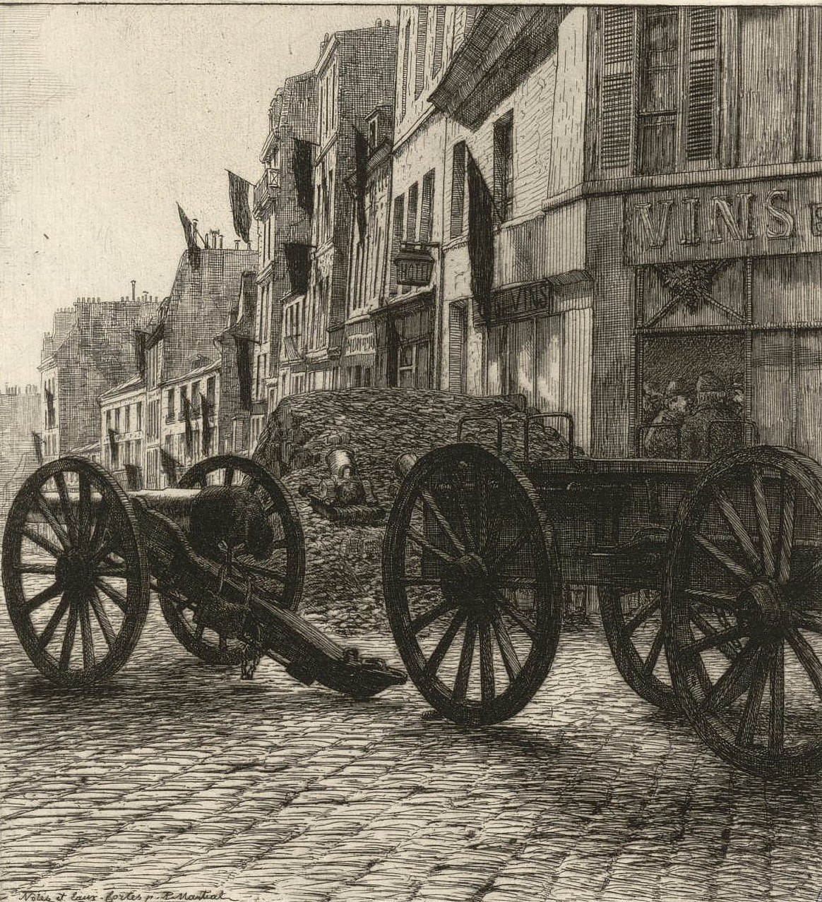 Canons de Belleville et drapeaux noirs aux fenêtres. Dessin d'Adolphe-Martial Potemont dit AP Martial ("Paris pendant le siège", éditions entente, 1982)