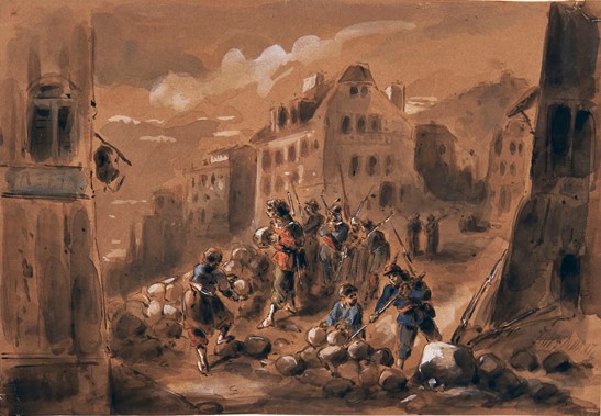 Une barricade de femmes au faubourg Rochechouard  - Dessin à l’encre brune, rehaussé de gouache par Alexandre Dupendant (Musée d'Art et d'Histoire Paul Éluard)