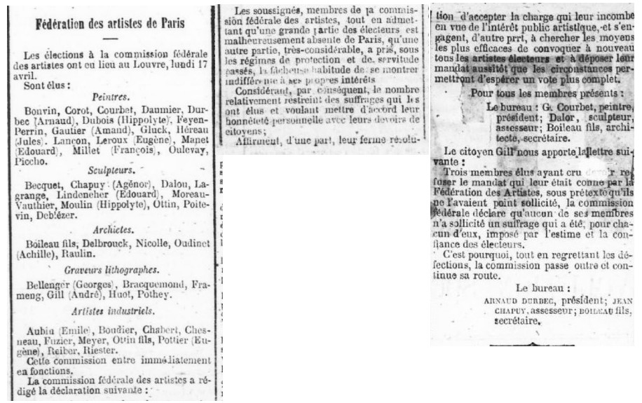 Élections du 17 avril de la Fédération des artistes - Article de La Montagne du 25 avril 1871 (source : La presse communarde - archivesautonomies.org)