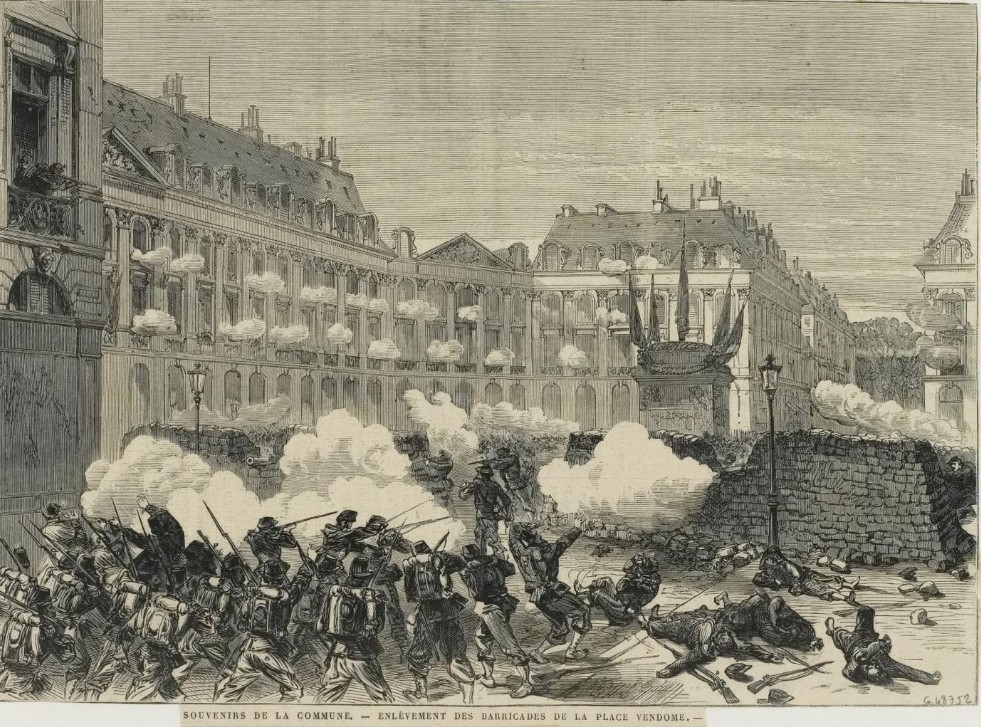 Enlèvement des barricades de la place Vendôme lors de la semaine sanglante, mai 1871. - Gravure sur bois (l'Univers Illustré)
