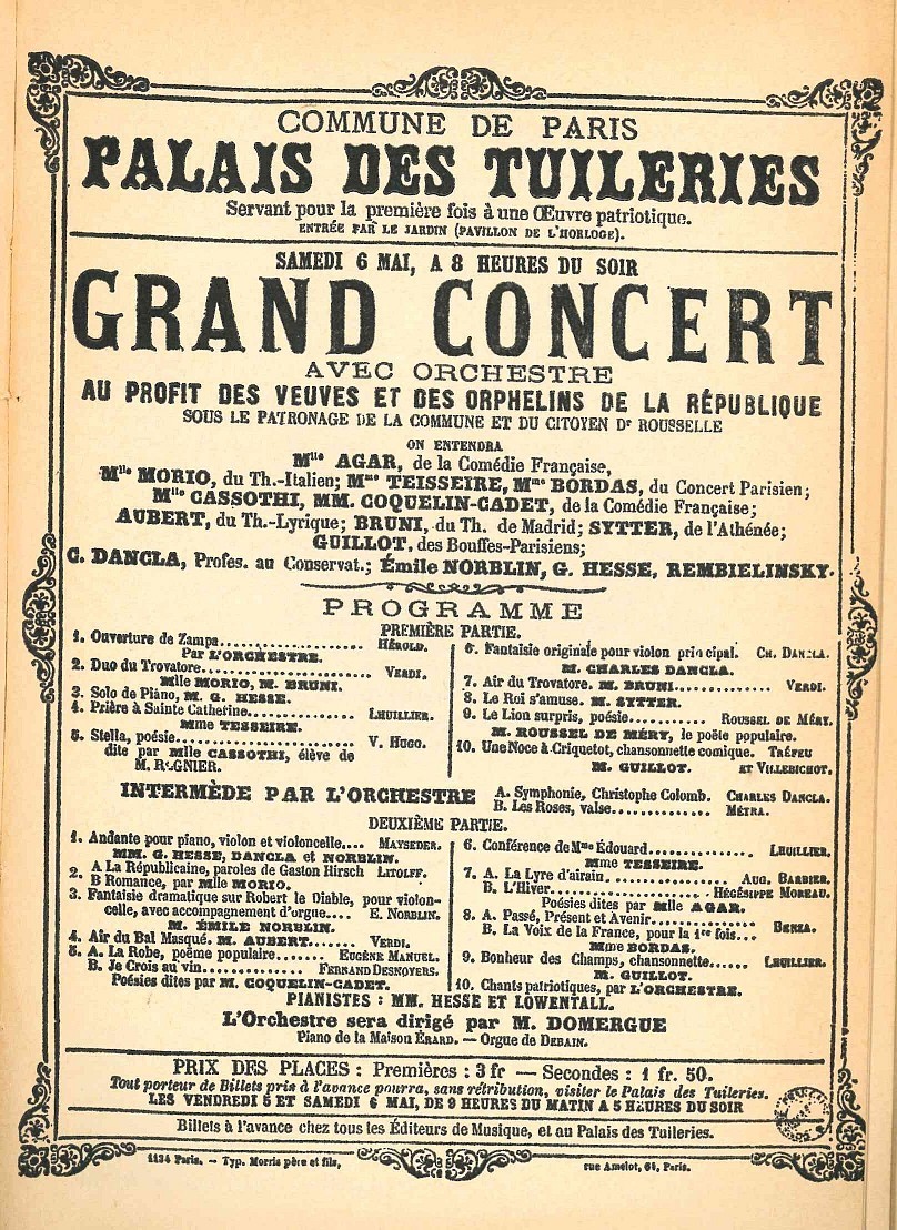 Affiche du concert du 6 mai (reproduite page 520) - La Commune de Paris 1871 ouvrage coordonné par Michel Cordillot, chapitre La Commune et les arts par Jean-Louis Robert (P 517-521)