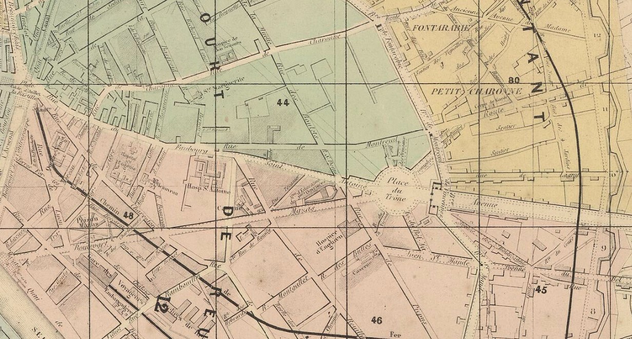 Le faubourg Saint-Antoine. Extrait du plan itinéraire de Paris au 1er janvier 1860, par Andriveau-Goujon (source : BNF - Gallica)