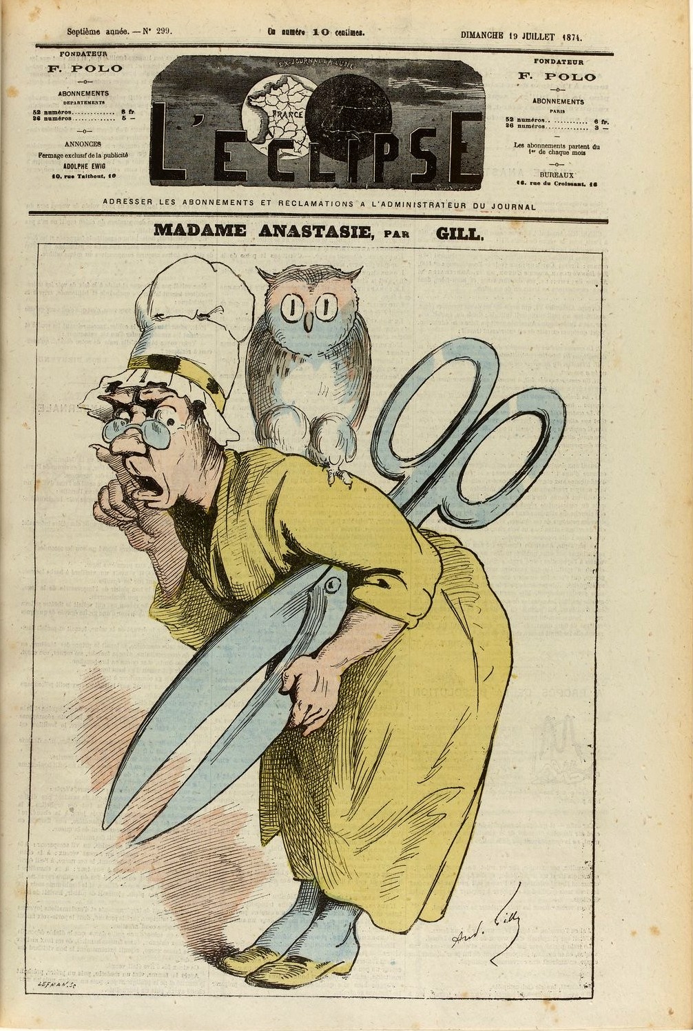 "Anastasie" par Gill dans "L'Éclipse" du 19 juillet 1874 (source : Gallica-BNF)