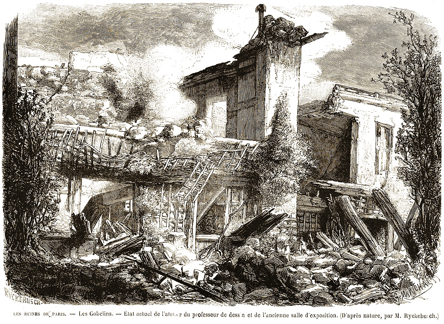 Les ruines de Paris - Les Gobelins - État actuel de l'atelier du professeur de dessin et de l'ancienne salle d'exposition - D'après nature par M. Ryckebusch (la gravure des Gobelins, n'a rien à voir avec l'avenue de gobelins mais c'est aujourd'hui le bd Blanqui et plus précisément la partie qui se trouve au nord de l'actuelle ligne de métro : ligne 5 - Le Monde illustré, 10 juin 1871)