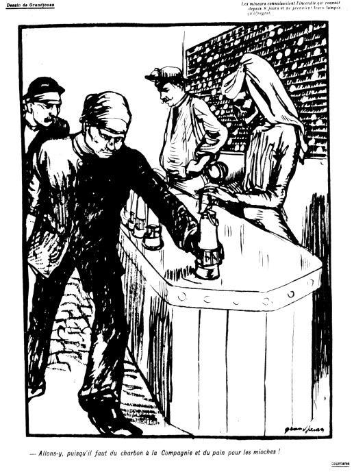 Dessin de Grandjouan (L’assiette au beurre, n° spécial du 24 mars 1906, consacré à la catastrophe de Courrières)