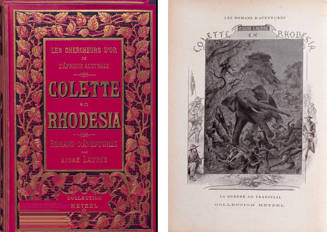 André Laurie - Colette en Rhodesia. La guerre au Transvaal. Cartonnage d’éditeur rouge, noir et or signé par le relieur Engel -  Frontispice de Colette en Rhodesia. La guerre au Transvaal