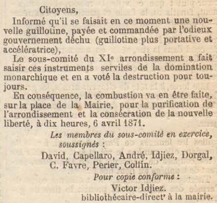 Appel dans le journal officiel de la Commune à bruler la guillotine