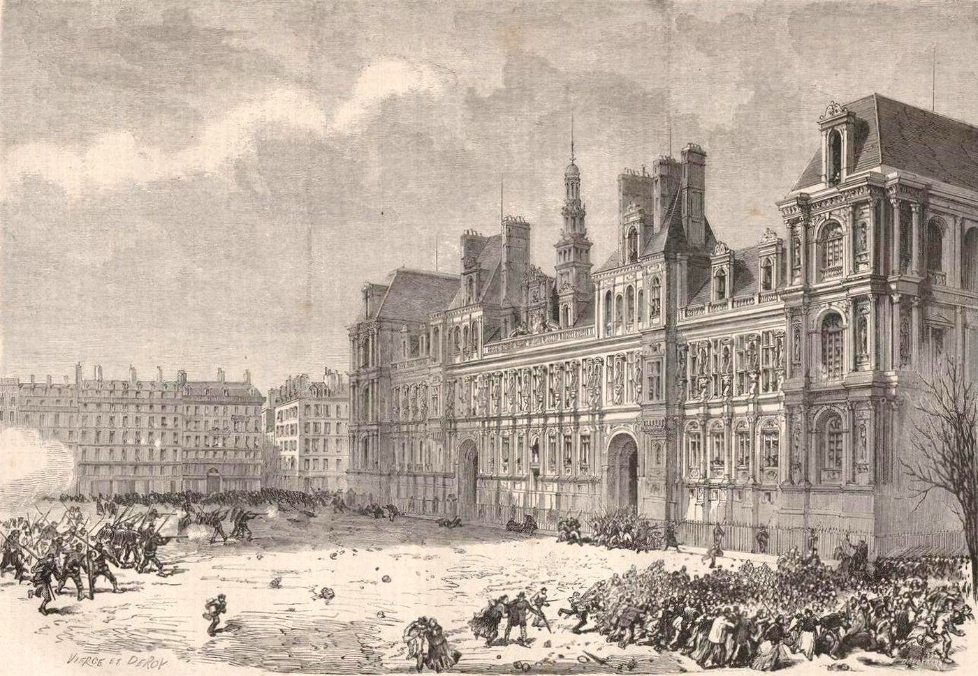 Gravure de la manifestation du 22 janvier 1871, place de l’Hôtel de Ville de Paris. Chaudey fait tirer sur la foule protestant contre le défaitisme du gouvernement.