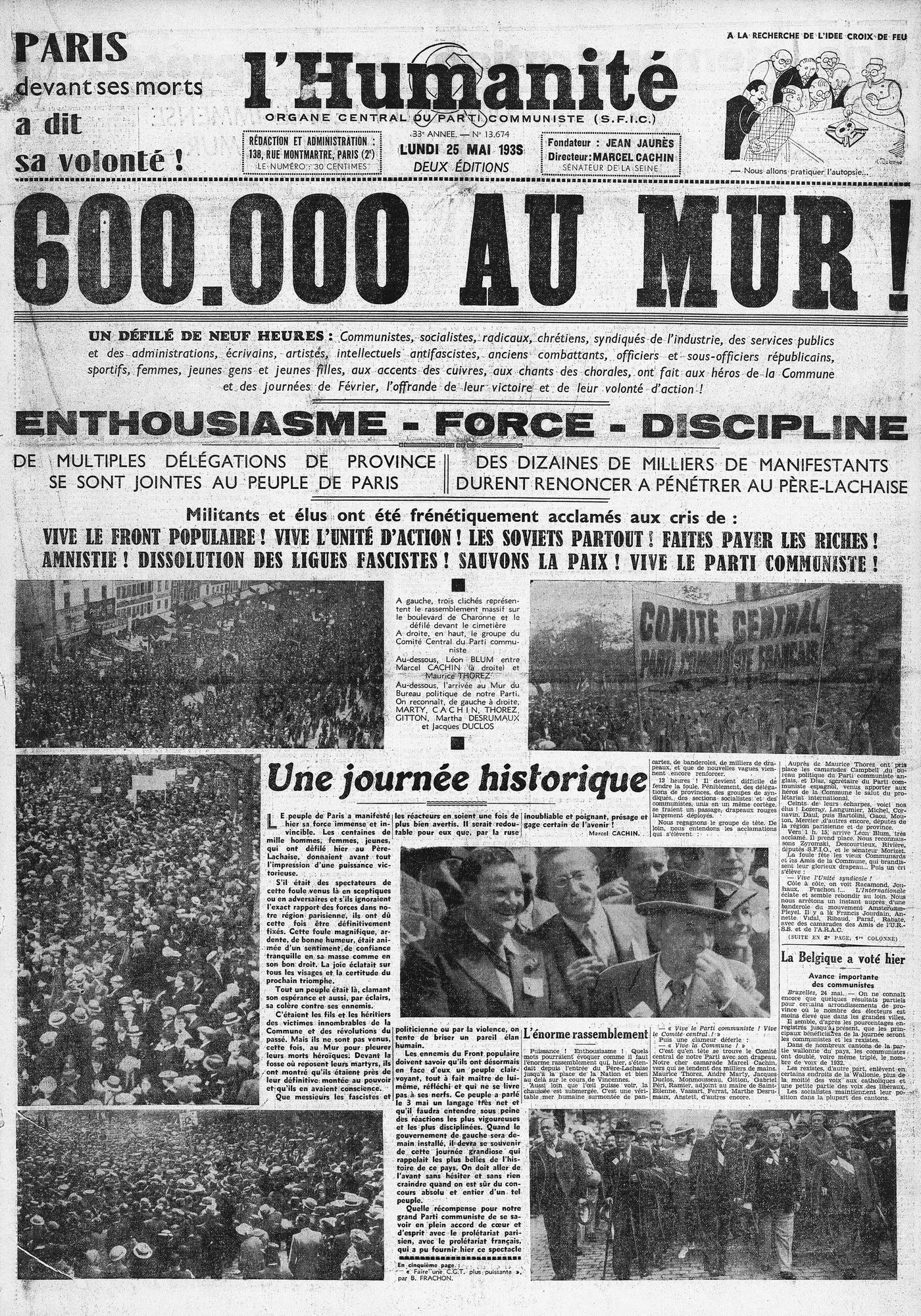 Une de l'Humanité : 600 000 personnes au mur des fédérés – L’Humanité du 25 mai 1936 
