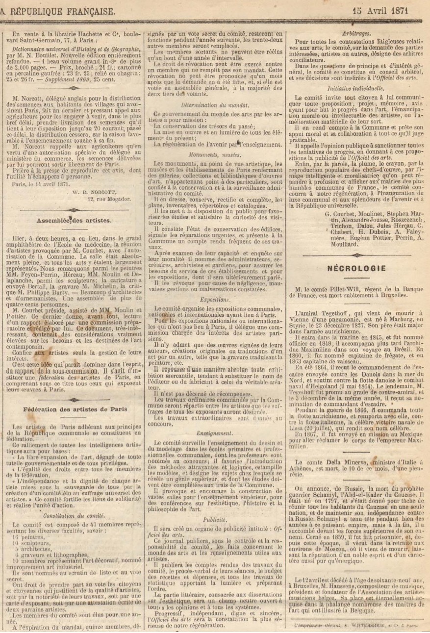 Journal Officiel de la Commune (édition du matin) du 15 avril 1871 - Constitution de la Fédération des artistes le 14 avril