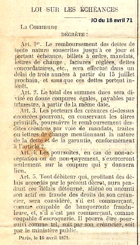 Journal Officiel de la Commune du 18 avril 1871 - Loi sur les échéances