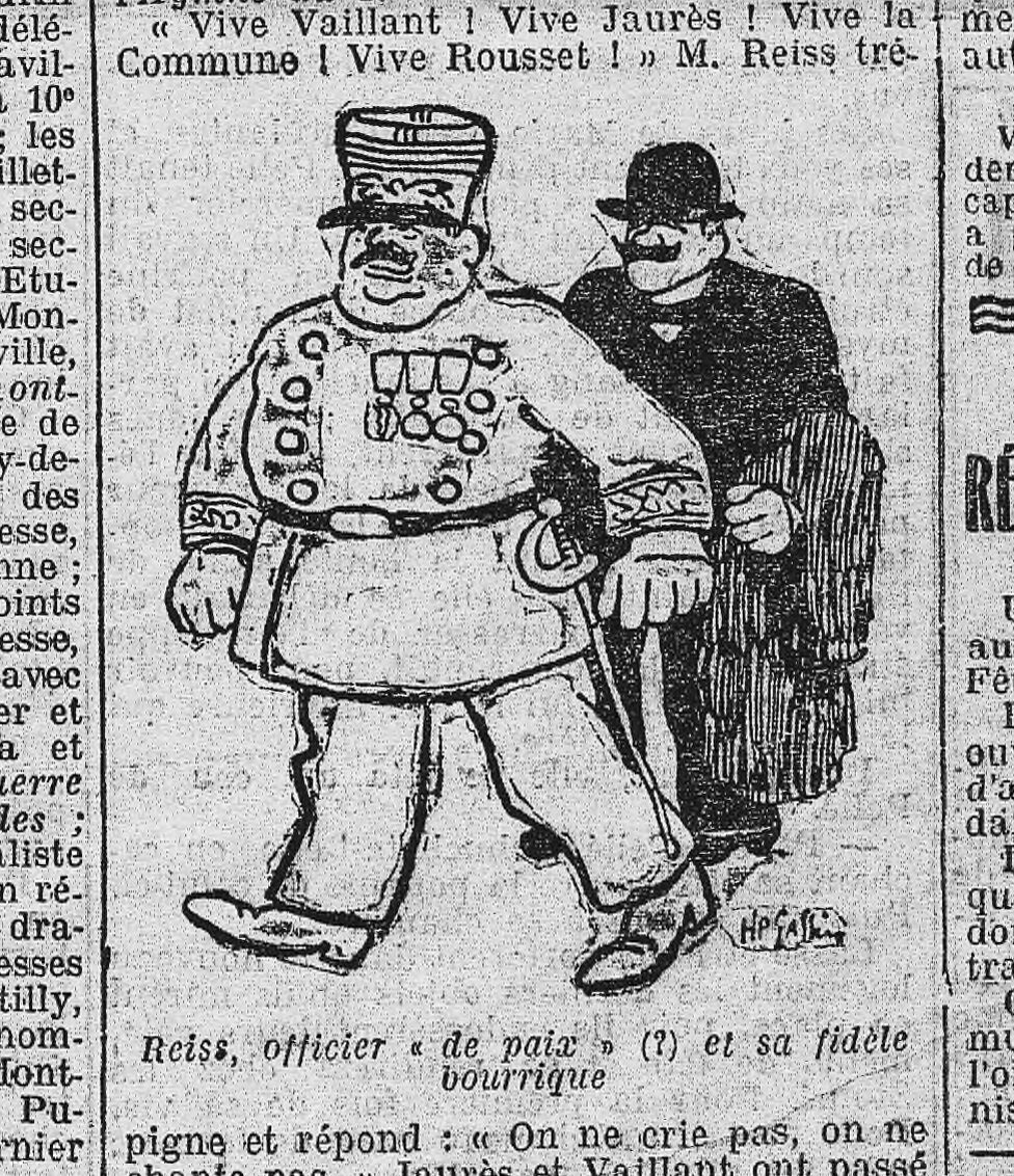 Reiss, officier "de paix" (?) et sa fidèle bourrique. (source gallica - L'Humanité du 27 mai 1912)
