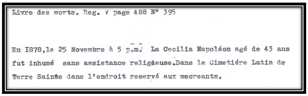 Décès de La Cécilia en 1878 à Alexandrie