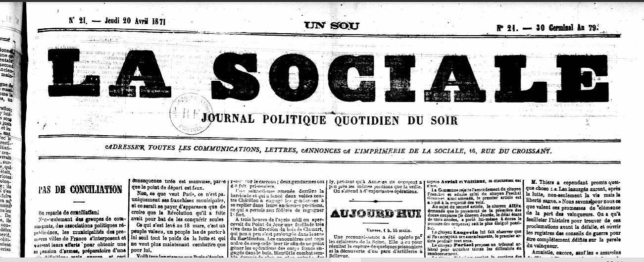 Le quotidien du soir La Sociale (dont André Léo est une des rédactrices) du 20 avril 1871