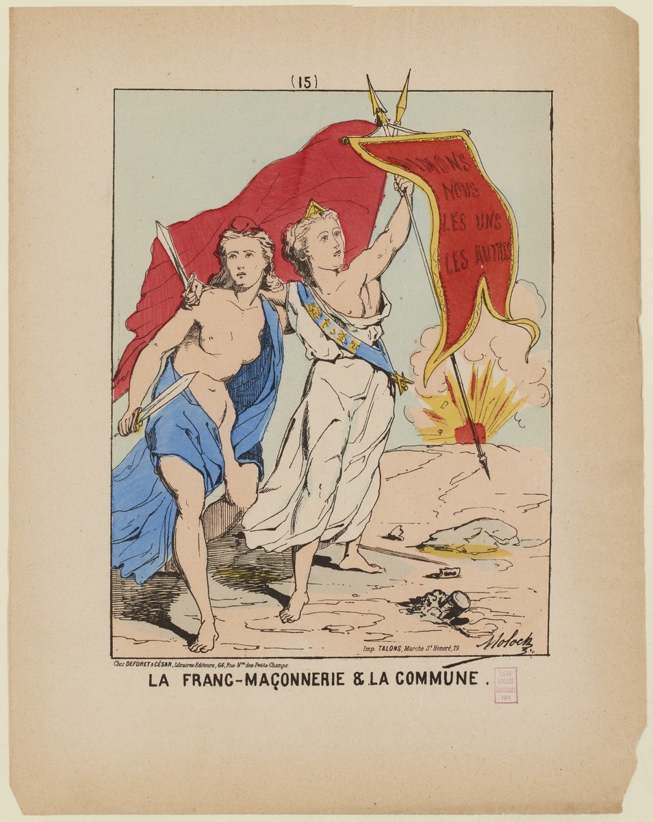 « La franc-maçonnerie & la commune. » Lithographie, Estampe en couleurs par Moloch (Alphonse Hector Colomb, dit) (source : © Musée Carnavalet – Histoire de Paris)