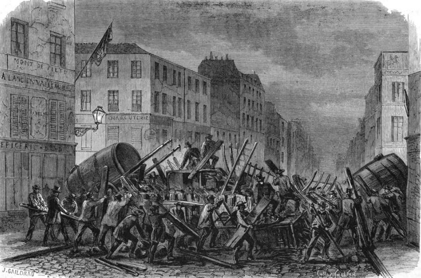 Barricade spontanés faubourg du temple : ici, lors des émeutes qui suivirent L’arrestation de Rochefort, le 7 février 1870 (source : L’illustration, journal Universel du 12 février 1870, N° 1407)