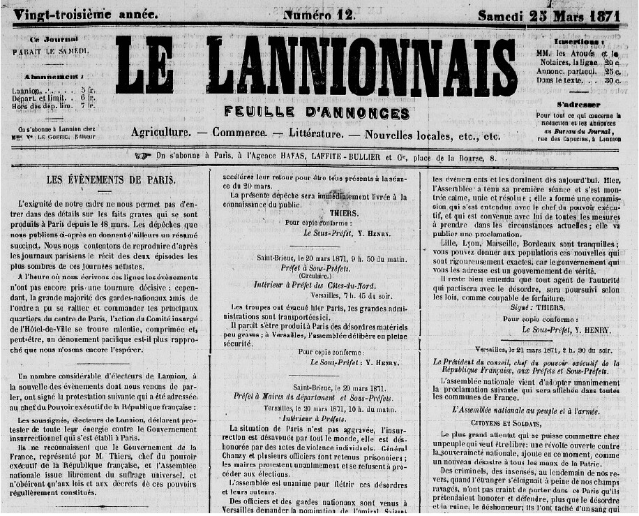 Le Lannionnais du 25 mars 1871
