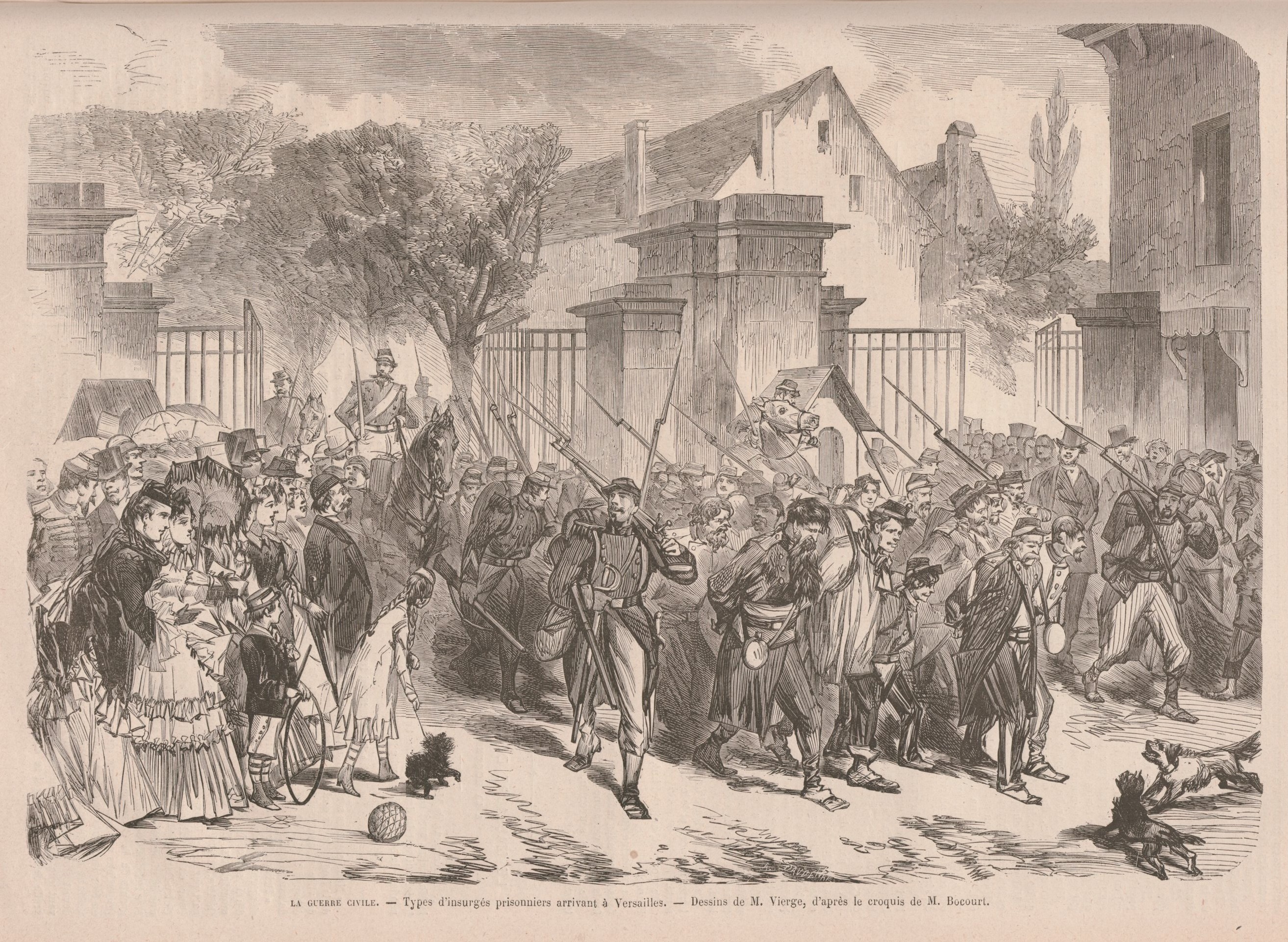 Fédérés prisonniers arrivant à Versailles, d’après un dessin de Vierge (source : Le Monde Illustré du 3 juin 1871)