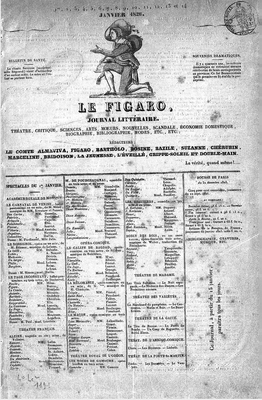 Le Figaro, 15 janvier 1826 (1er numéro, des 1 à 14 janvier 1826) (source BNF/Gallica)