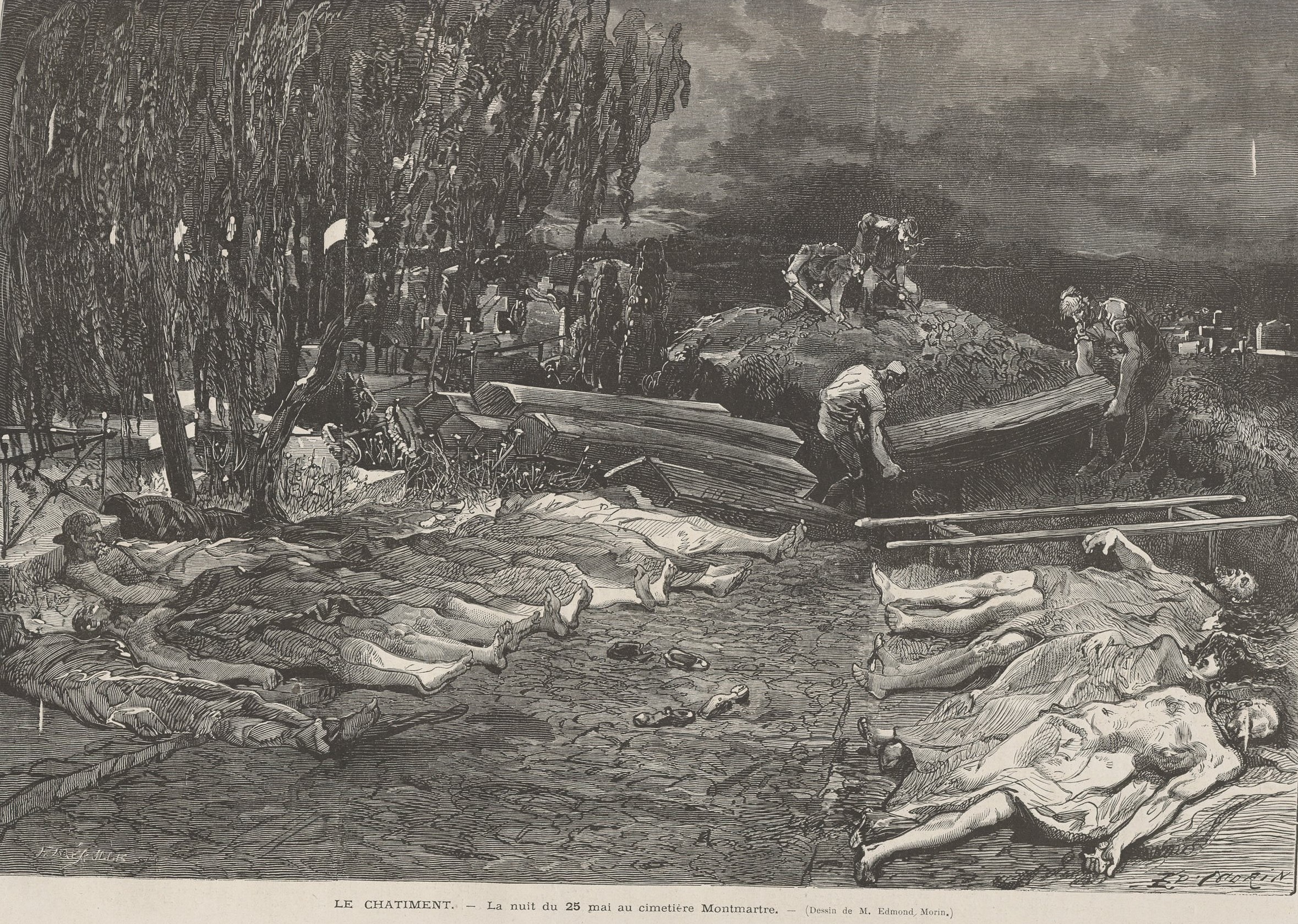 « Le Châtiment – La nuit du 25 mai au cimetière Montmartre » Edmond Morin (Le Monde illustré du 15 juillet 1871) « Le Châtiment – La nuit du 25 mai au cimetière Montmartre » Edmond Morin (Le Monde illustré du 15 juillet 1871)