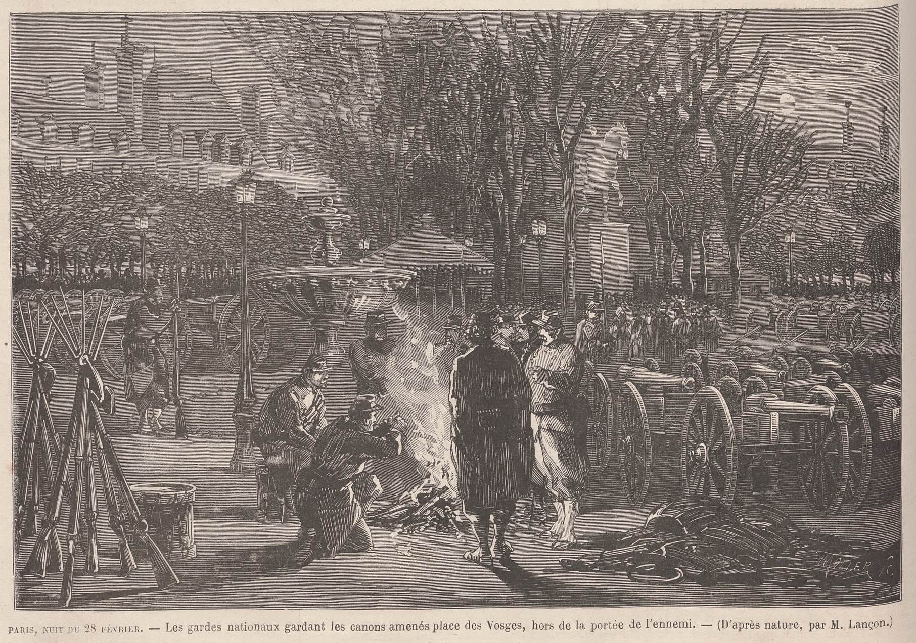 28 février 1871 - La Garde nationale garde les canons des Parisiens place des Vosges (source : Le Monde Illustré du 11 mars 1871)
