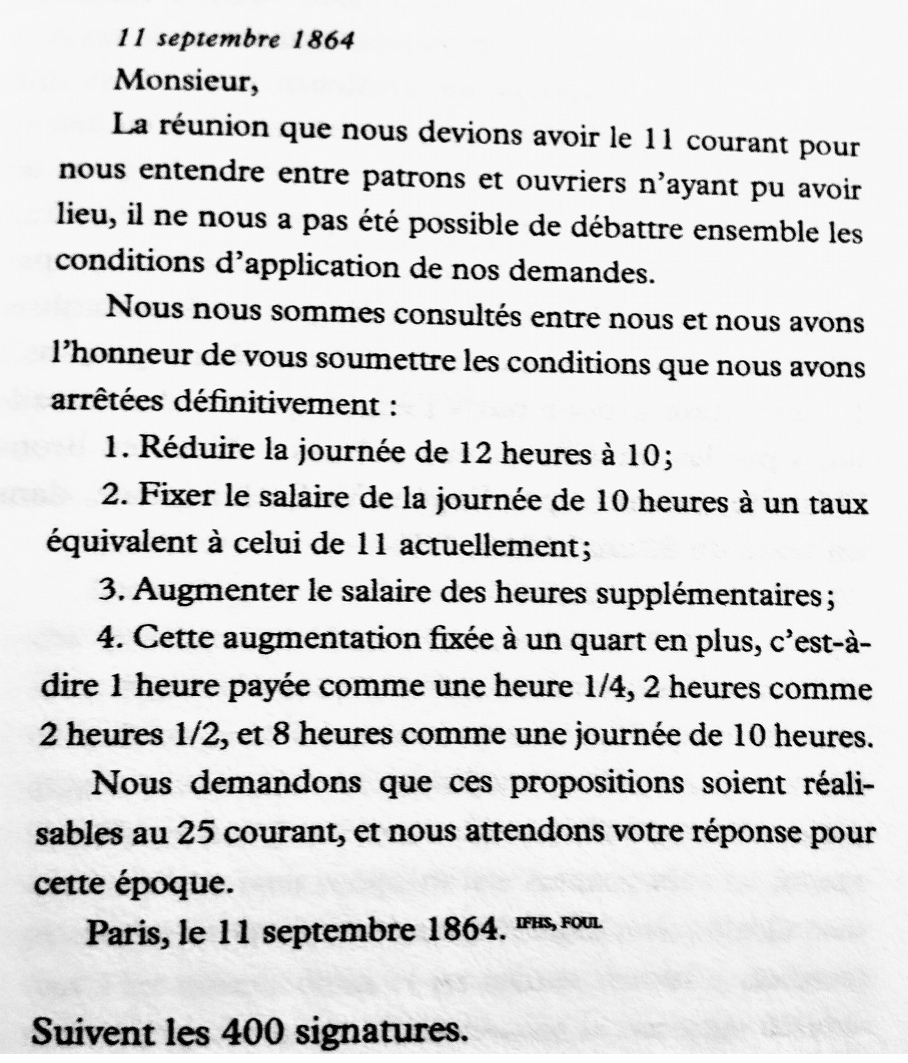 Lettre-pétition au représentant patronal