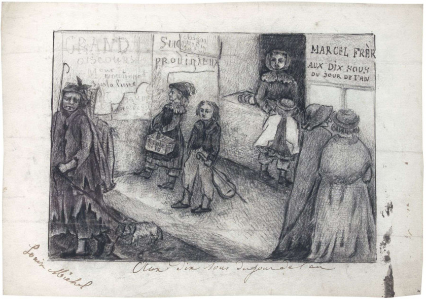 Dessin original, signé " Louise Michel " à l'encre en bas à gauche, avec légende autographe à l'encre en bas : " Aux dix sous du jour de l'an ". Pierre noire, sauf le texte d'une affiche écrit à l'encre, 13 x 18 cm, encadrement sous verre.  Illustration pour son récit " Les Dix sous de Marthe ", paru en 1872 dans le recueil Le Livre du jour de l'an. Historiettes, contes et légendes pour les enfants (Paris, J. Brare).