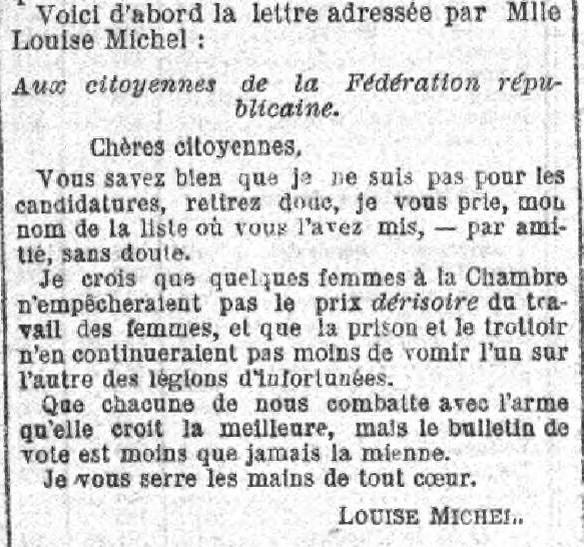 Lettre de Louise Michel (source : La Justice, 22 août 1885)