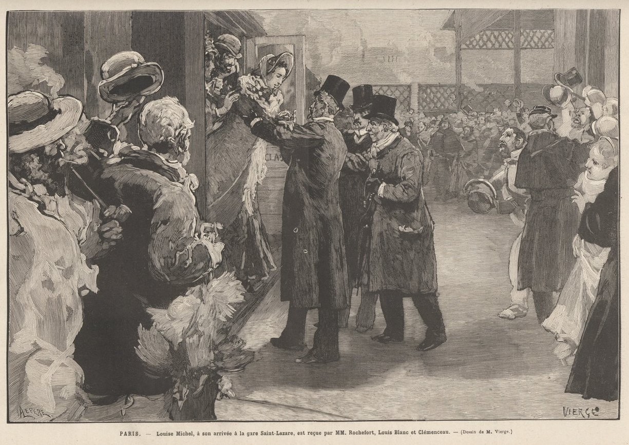 Retour de Louise Michel à l'arrivée du premier convoi de rapatriement de communards déportés amnistiés, en gare de Saint Lazare en  novembre 1880. Présence de Louis Blanc, Rochefort et Clémenceau. - Dessin de D. Vierge, Le Monde Illustré du 20 novembre 1880