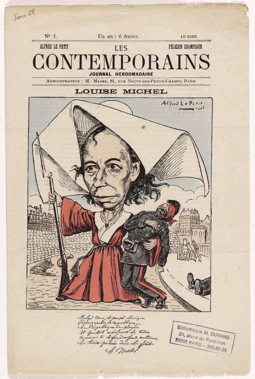 Louise Michel (1830-1905). Les Contemporains, hebdomadaire n°3, 1880. Dessin d'Alfred Le Petit. (Bibliothèque Marguerite Durand -Cote Icono 58)