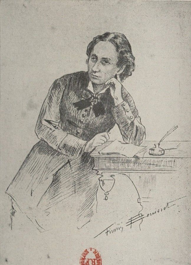 Louise Michel à son retour de Nouvelle-Calédonie - Dessin du livre Louise Michel : "la vierge rouge", Irma Boyer... ; préface d'Henri Barbusse,  édition André Delpeuch (Paris), 1927 (Source : https://gallica.bnf.fr/ark:/12148/bpt6k97678537/f169.image#) 