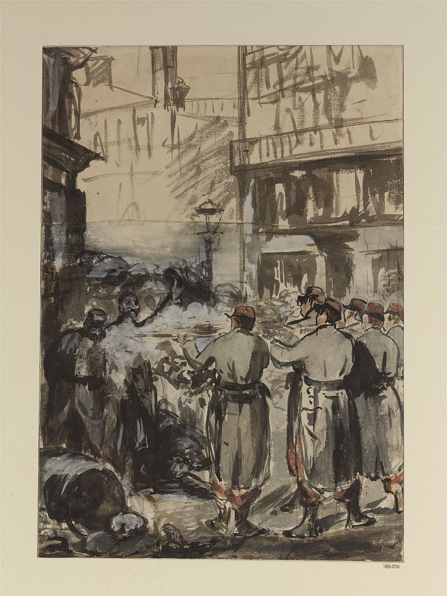 Édouard Manet - La barricade (1871), lavis encre de chine, aquarelle et gouache sur mine de plomb, 46x32cm (musée Szepmüvészti de Budapest)