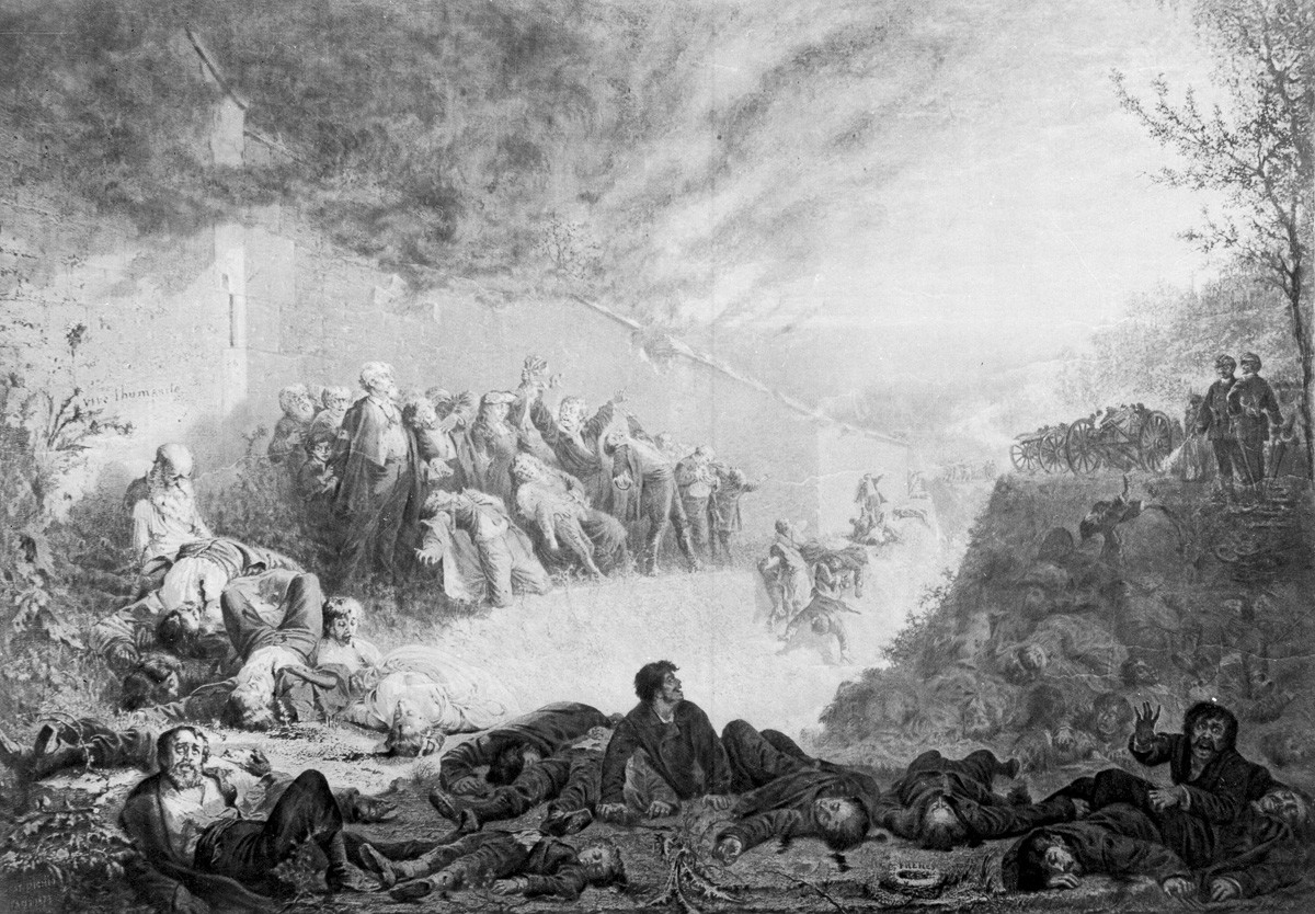 Le Triomphe de l’ordre dit aussi Le Mur des fédérés, montre l’exécution des derniers communards contre l’un des murs du cimetière du Père-Lachaise, précipités dans une fosse commune. Lithographie en noir et blanc, 1875, du peintre communard Ernest Pichio (1826-1893)