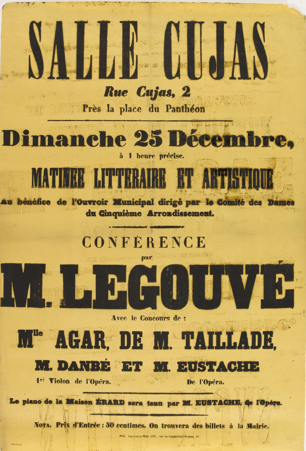 Madame Agar - SALLE CUJAS/ Rue Cujas, 2 - Près la place du Panthéon - Dimanche 25 Décembre, à 1 heure précise. 1870 (Musée Carnavalet - Histoire de Paris)