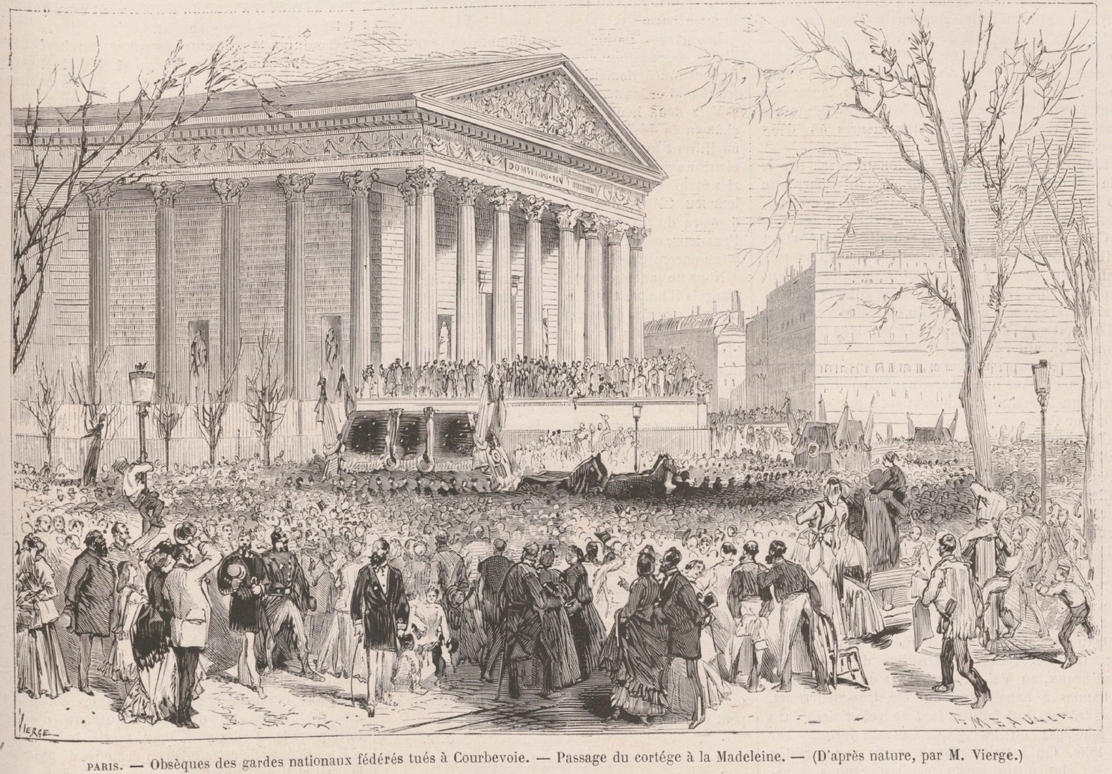 Paris - Obsèques des gardes nationaux tués à Courbevoie. - Passage du cortège à la Madeleine Dessin d'après nature (source : Le monde illustré du 15 avril 1871)