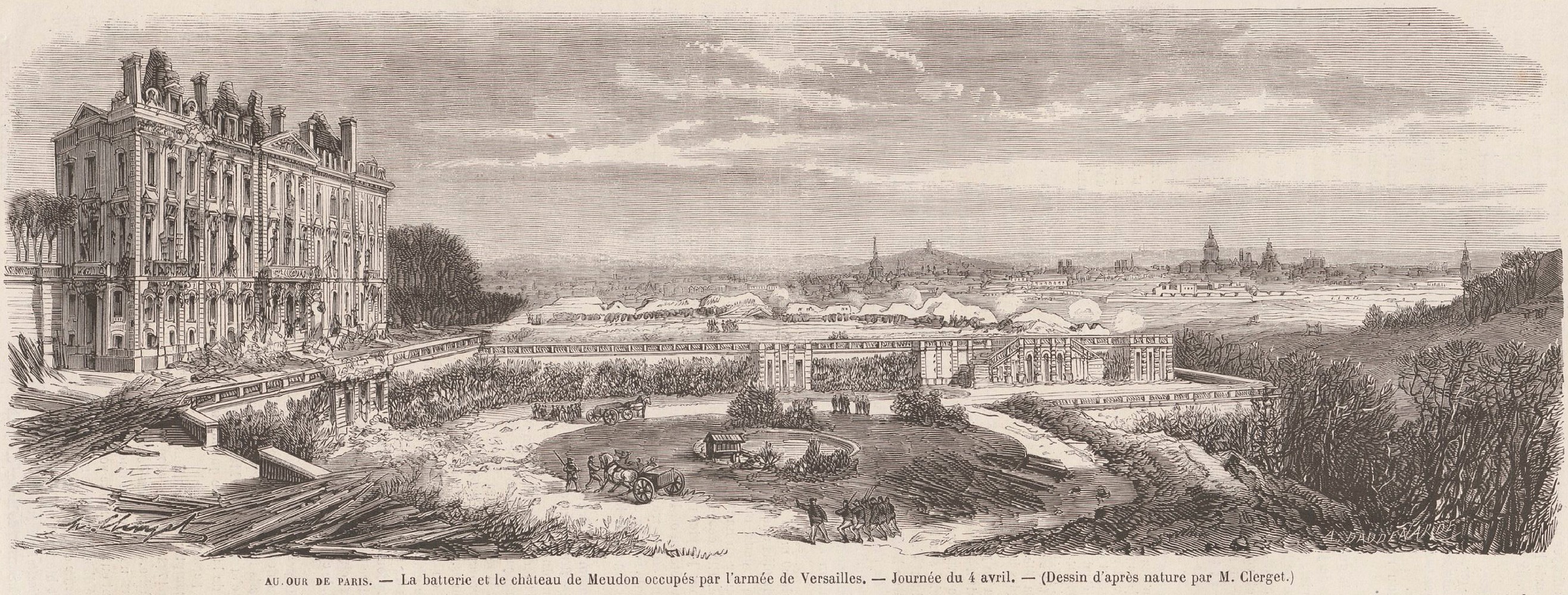 Autour de Paris, La batterie et le château de Meudon occupés par l'armée de Versailles. Journée du 4 avril. Dessin d'après nature "Le monde illustré du 15 Avril 1871"