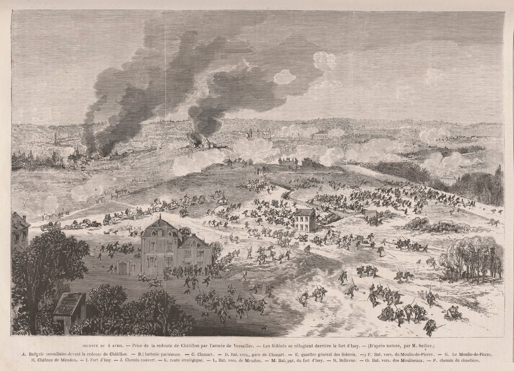 Prise de la redoute de Châtillon par l'armée de Versailles. Les fédérés se réfugient derrière le fort d'Issy. Dessin d'après nature "Le monde illustré du 15 Avril 1871"