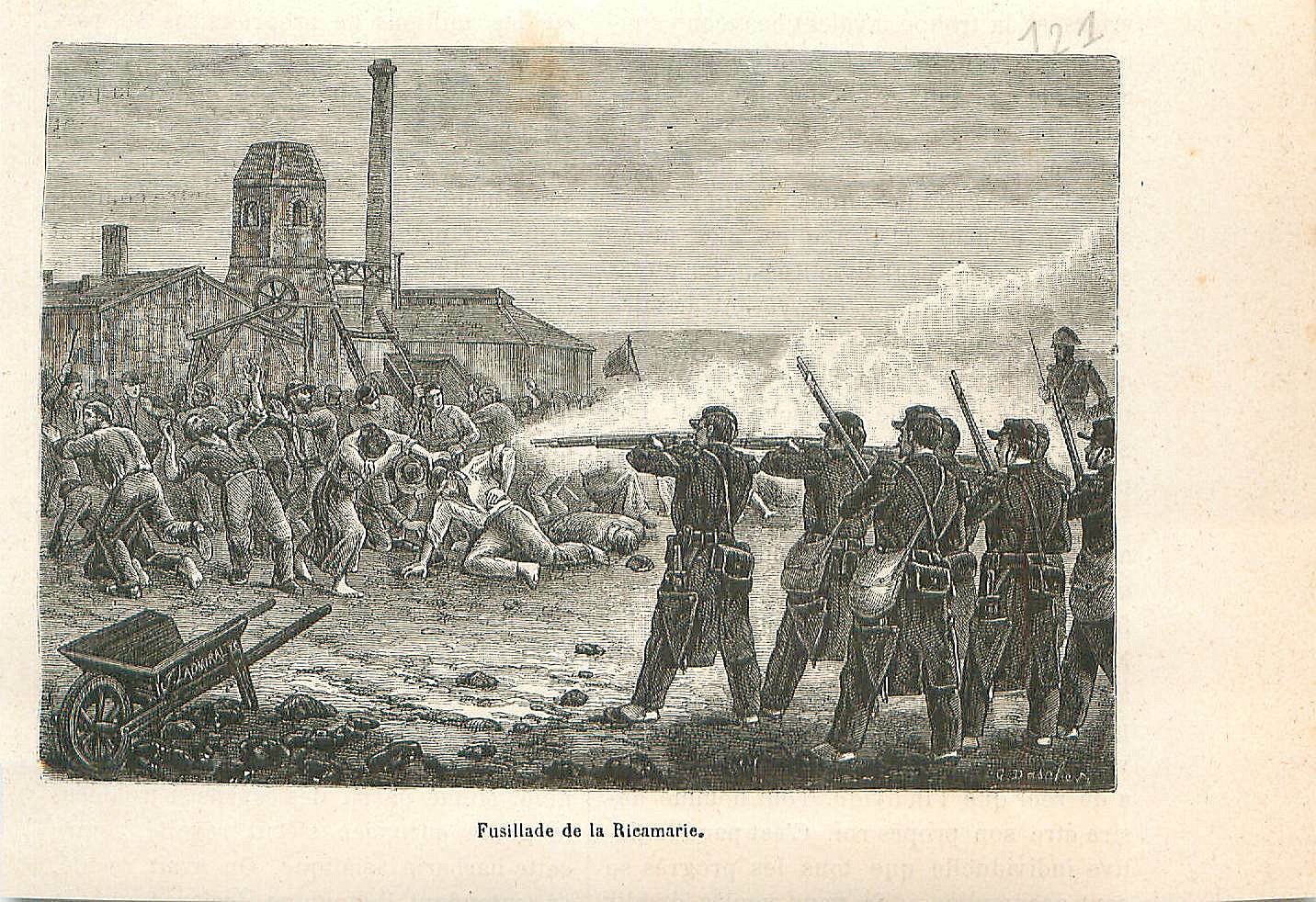 Ouvriers mineurs 1869 fusillade du Brûlé - La Ricamarie Saint-Etienne (gravure 1883)