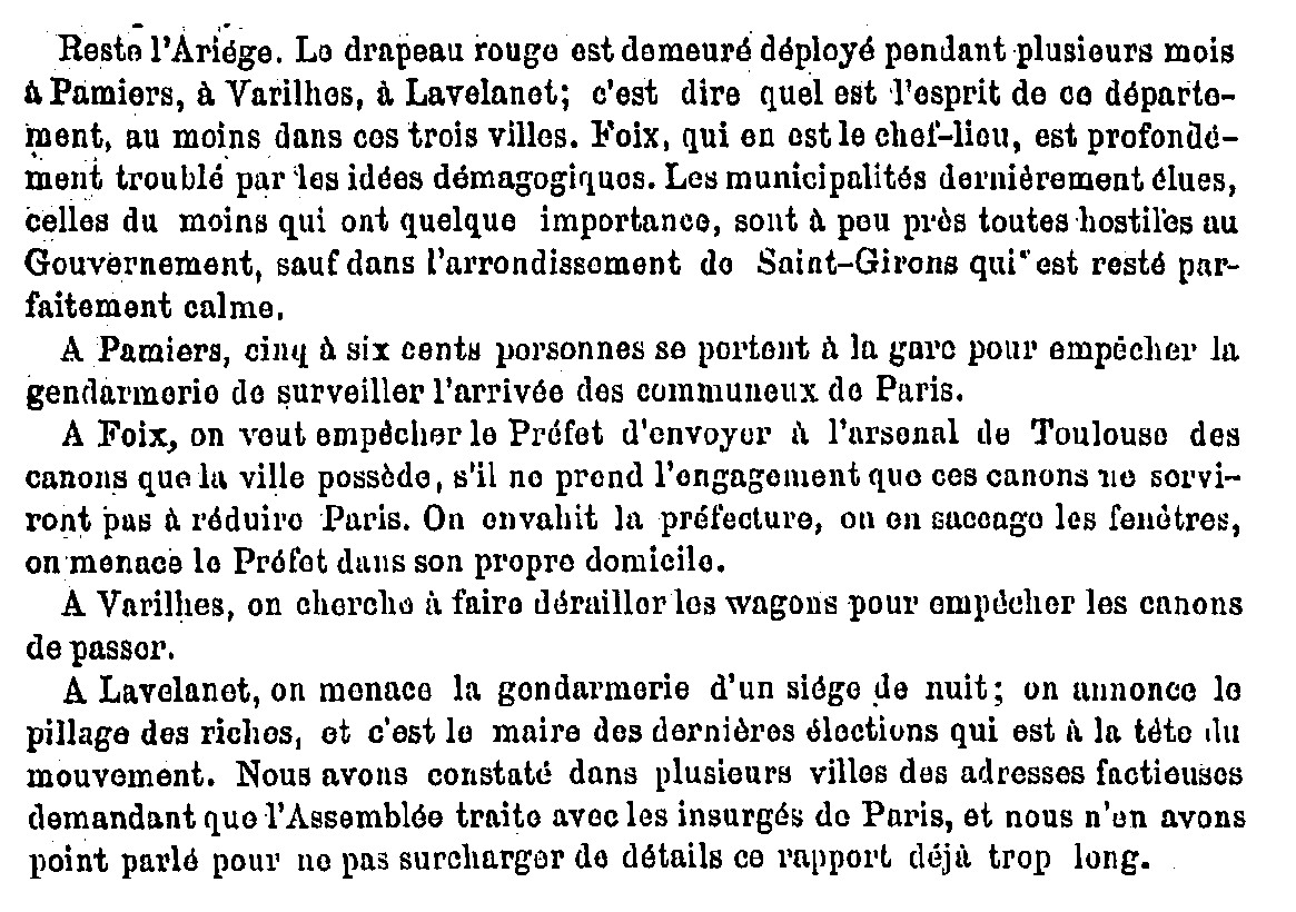 Rapport adressé par le Président de chambre à la Cour de Toulouse pour avoir une idée de l’impact de la Commune de Paris dans le département de l’Ariège, 
