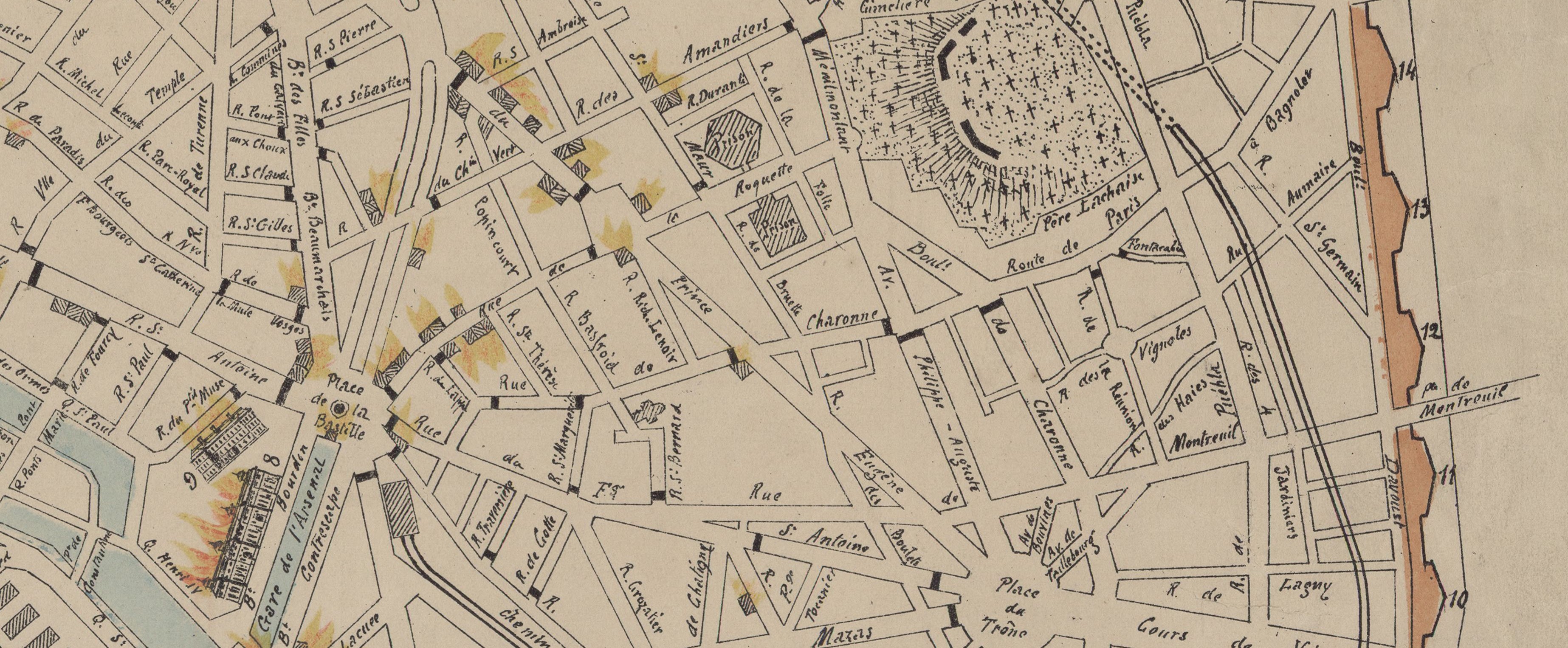 A. Carcireux, Extrait du « Plan de Paris, avec indication exacte des maisons et monuments incendiés,  des batteries et  barricades construites en mai 1871, et numérotage des bastions de l’enceinte », 1871.