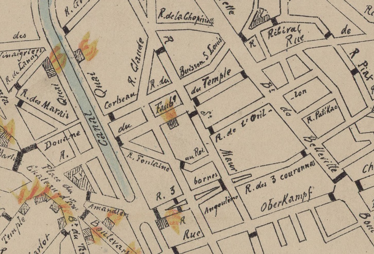 Plan de Paris avec indication des  barricades (Carcireux) - rue de la Fontaine au Roi (BNF - Gllica)