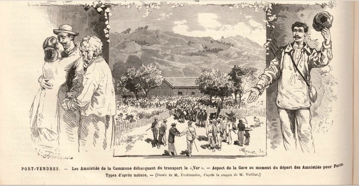 Gravure – Septembre 1879, les amnistiés de la Commune débarquant du transport « Le Var » (source revue n° 6 – 2012- de l’association « Ports-Vendres des Paquebots »)