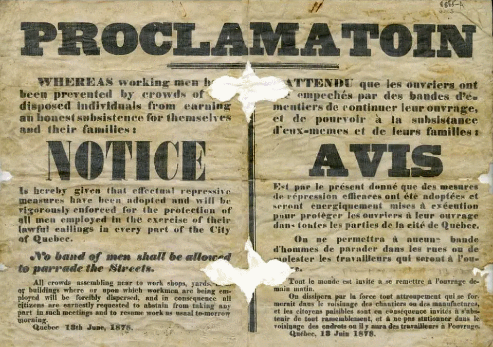 Quebec  - Affiche  du 18 juin 1878  concernant les emeutes ouvrieres