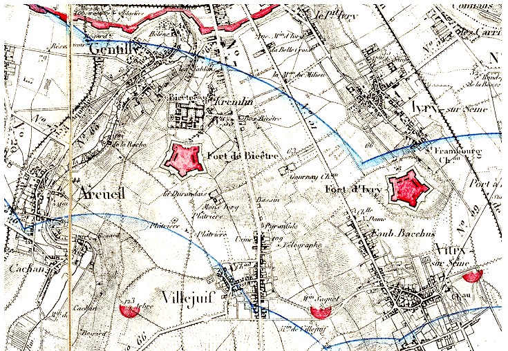 Détail des forts défensifs de Paris, dont la redoute du Moulin de Saquet au Sud entre deux autres redoutes.