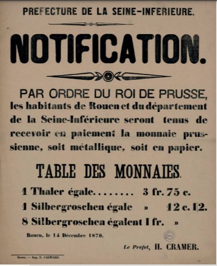 Affiche du 14 décembre 1870 concernant l'occupation prussienne à Rouen