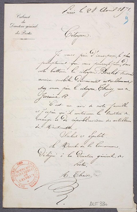 Lettre d’Albert Theisz concernant le citoyen Ferdinand Boulet, 28 avril 1871  (source : © Musée Carnavalet – Histoire de Paris)