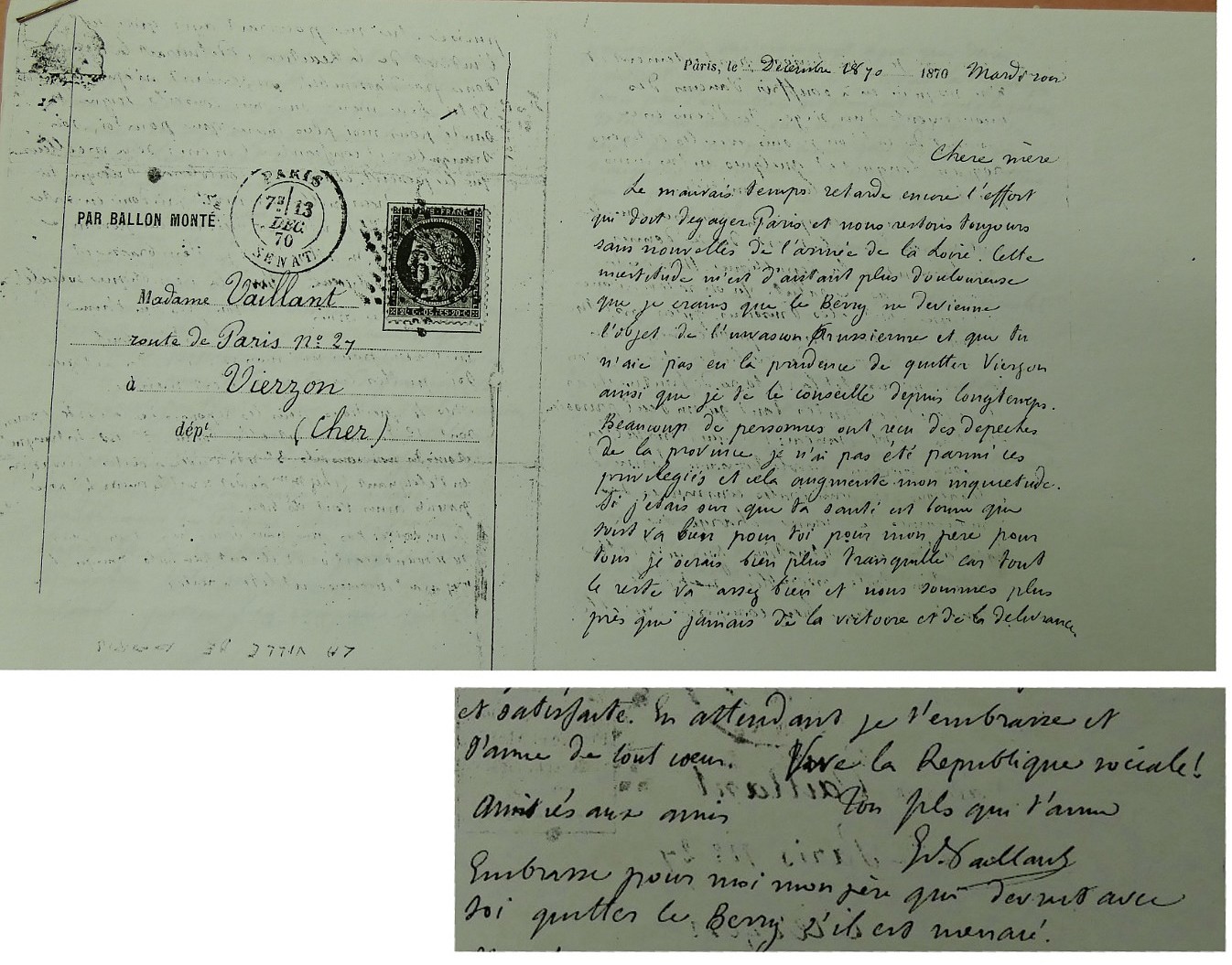 La lettre par ballon de Édouard Vaillant à sa mère.