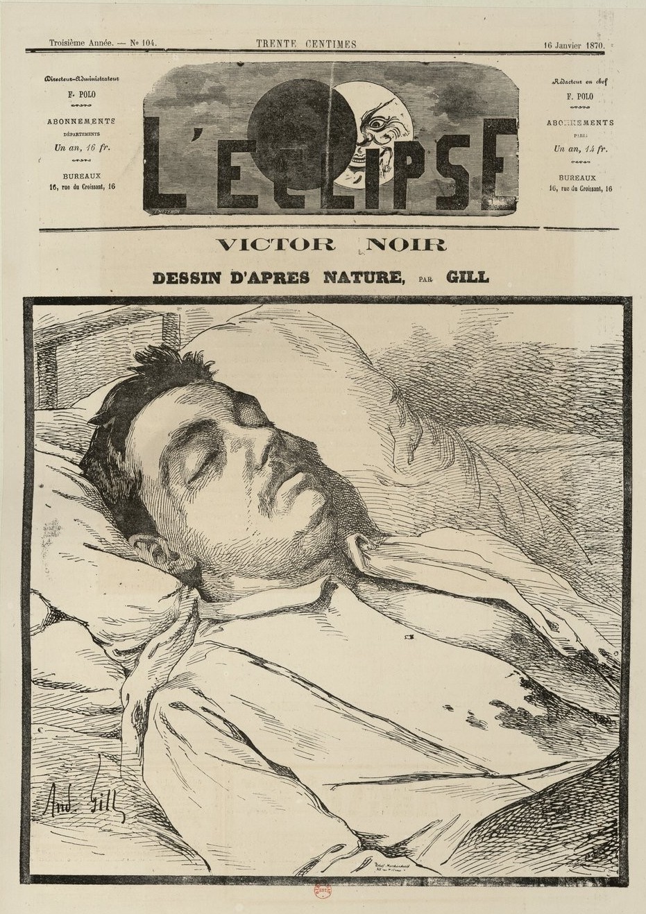 Victor Noir Dessin d'après nature, par André Gill. (estampe, source Gallica - BNF)