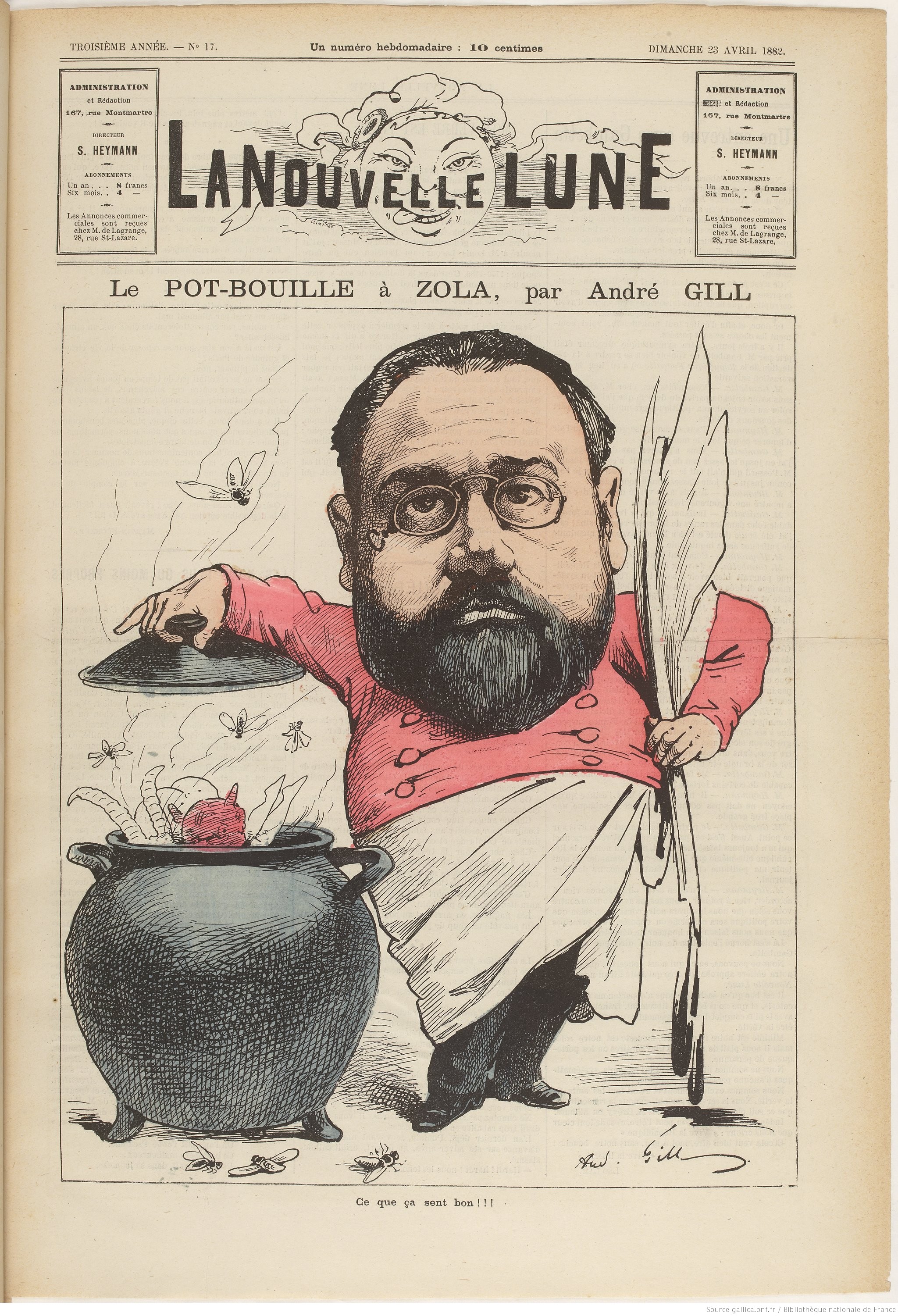 Caricature d'Émile Zola en Pot-Bouille par André Gille (dans la Une de La Nouvelle Lune le 23 avril 1882)