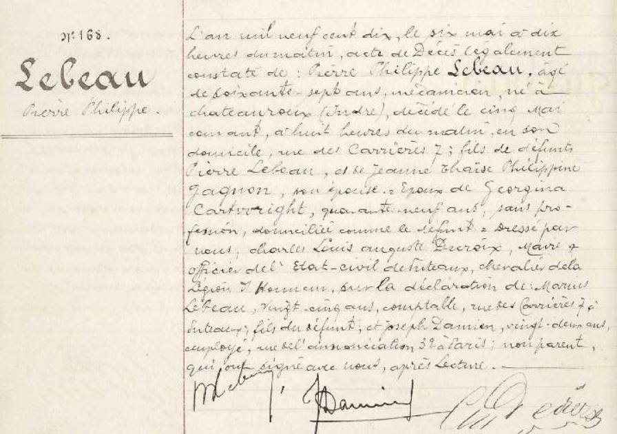 Acte de décès de Pierre-Philippe Lebeau Archives départementales des Hauts-de-Seine, Puteaux, décès 1912